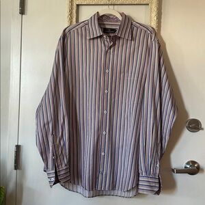 BUGATCHI UOMO | Multicolor Striped Button Down Dress Shirt Collar Sleeve Accents